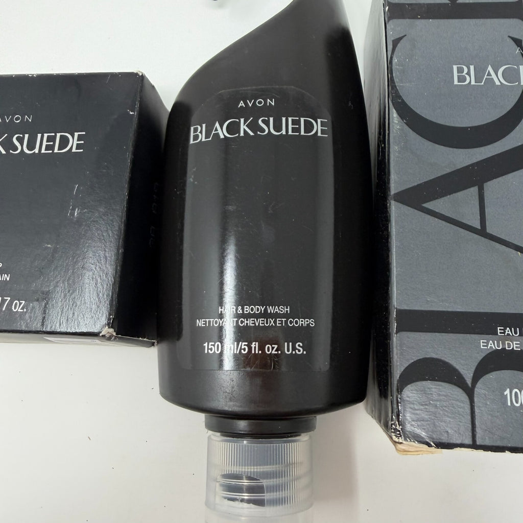 Avon Black Suede Set w/ Eau De Toilette Spray 3.4, Oz Bar Soap & Hair&Body Wash