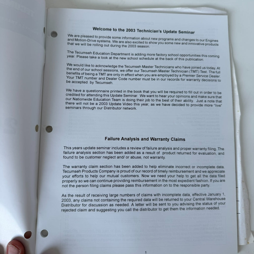 Tecumseh Factory Training- 2003 Update Manual