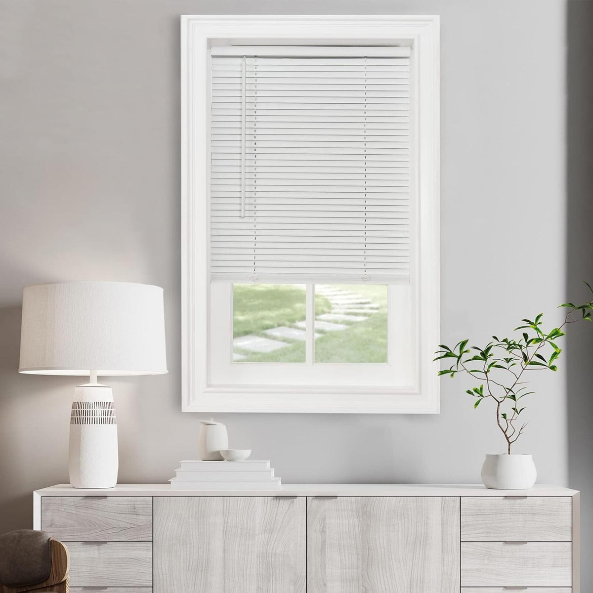 Cordless Mini Blind 43 W x 64 H - 1 Inch Slat - Pearl White G2 Morningstar Vinyl
