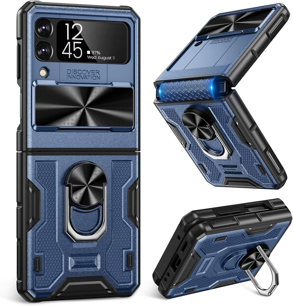 Samsung Galaxy Z Flip 3 Full Coverage Ring Kickstand Navy Blue Rugged Lens Cover - Image 1
