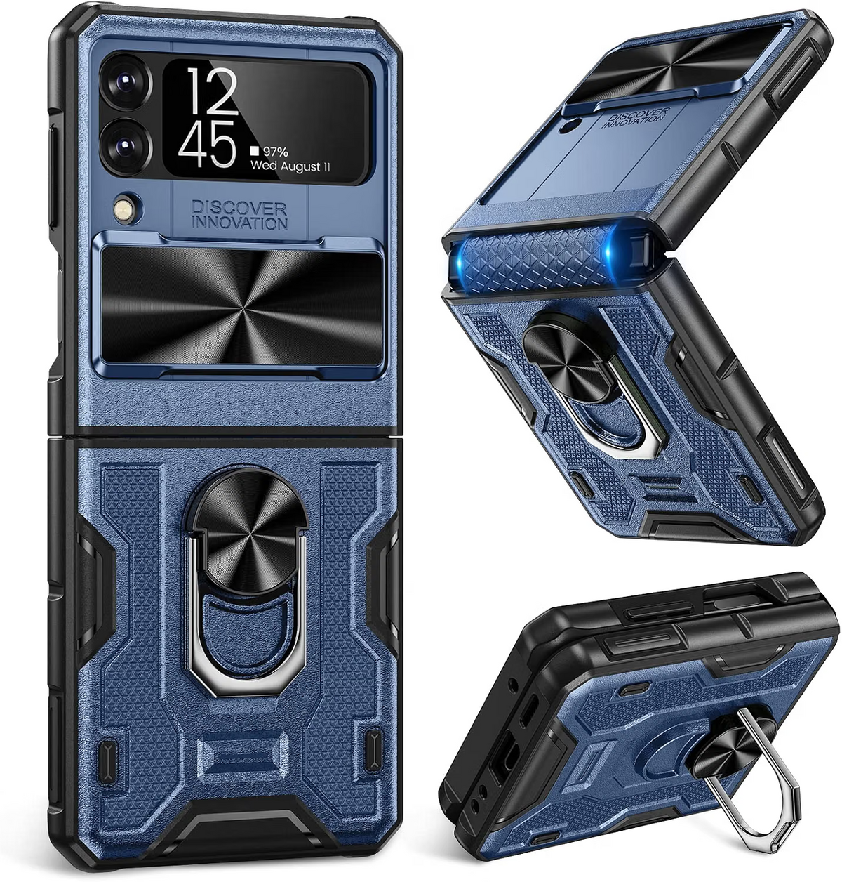 Samsung Galaxy Z Flip 3 Full Coverage Ring Kickstand Navy Blue Rugged Lens Cover - Image 1