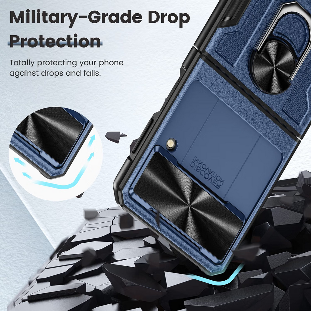 Samsung Galaxy Z Flip 3 Full Coverage Ring Kickstand Navy Blue Rugged Lens Cover - Image 2