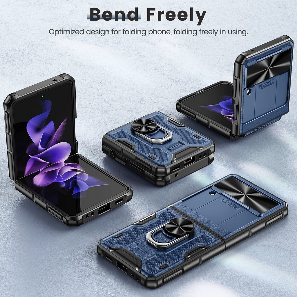 Samsung Galaxy Z Flip 3 Full Coverage Ring Kickstand Navy Blue Rugged Lens Cover - Image 3