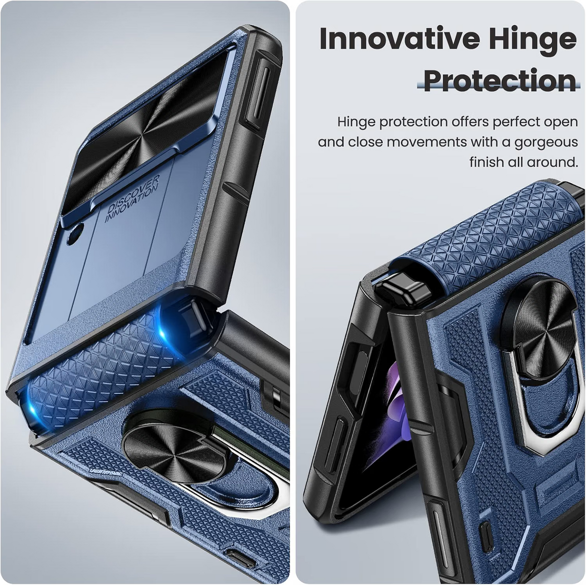 Samsung Galaxy Z Flip 3 Full Coverage Ring Kickstand Navy Blue Rugged Lens Cover - Image 6