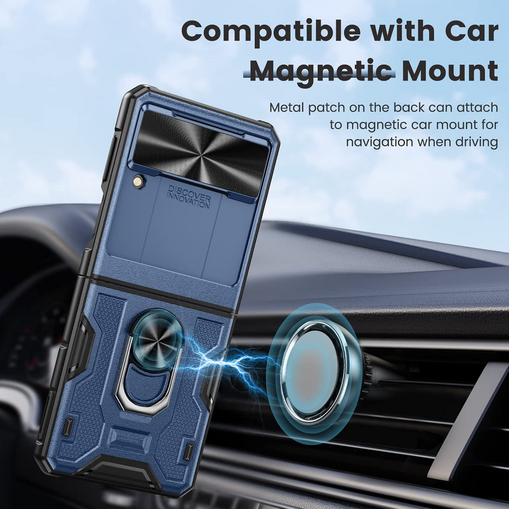 Samsung Galaxy Z Flip 3 Full Coverage Ring Kickstand Navy Blue Rugged Lens Cover - Image 4