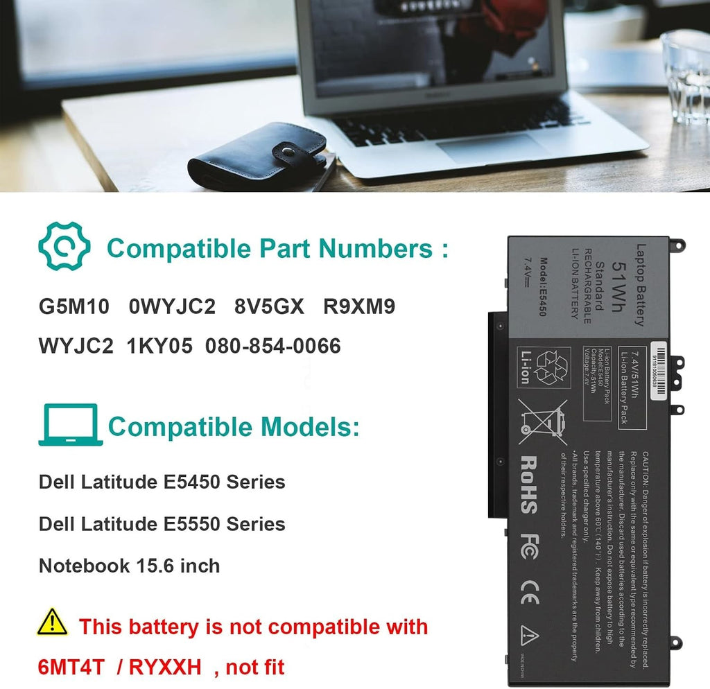 Dell Latitude Battery E5450 E5550 Notebook 15.6" WYJC2 8V5GX G5M10 7.4V 51Wh - Image 6