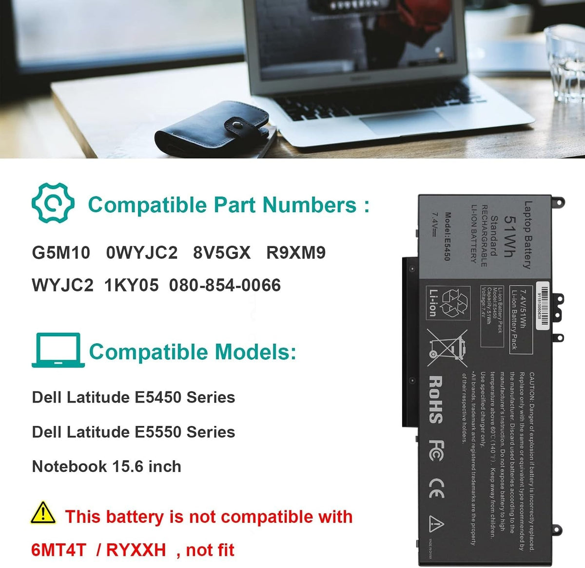 Dell Latitude Battery E5450 E5550 Notebook 15.6" WYJC2 8V5GX G5M10 7.4V 51Wh - Image 6
