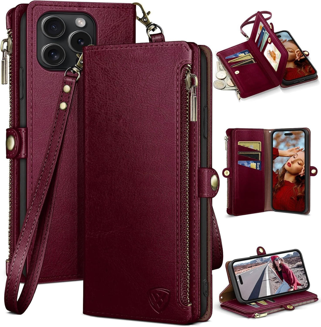iPhone 15 Pro Wallet Case Folio Wine Red - Image 1
