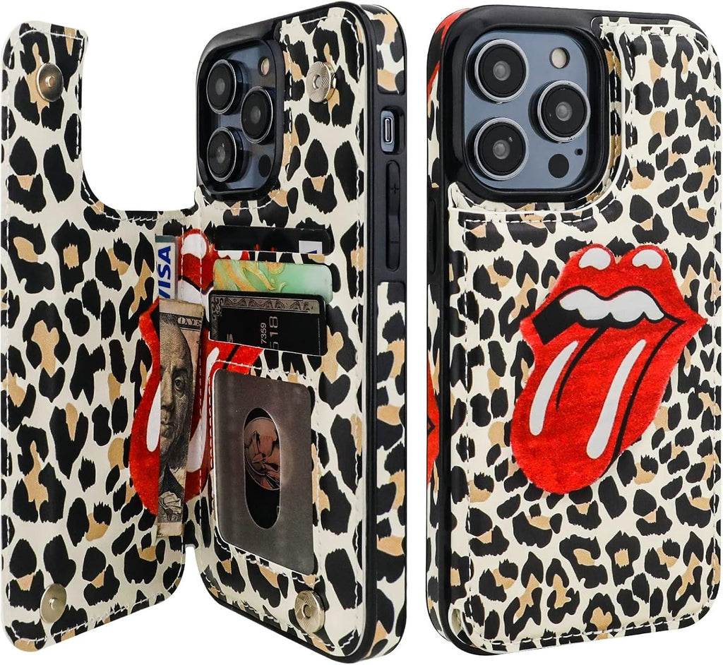 iPhone 14 Pro Max Wallet Case Leopard Tongue Lips Kiss - Image 1