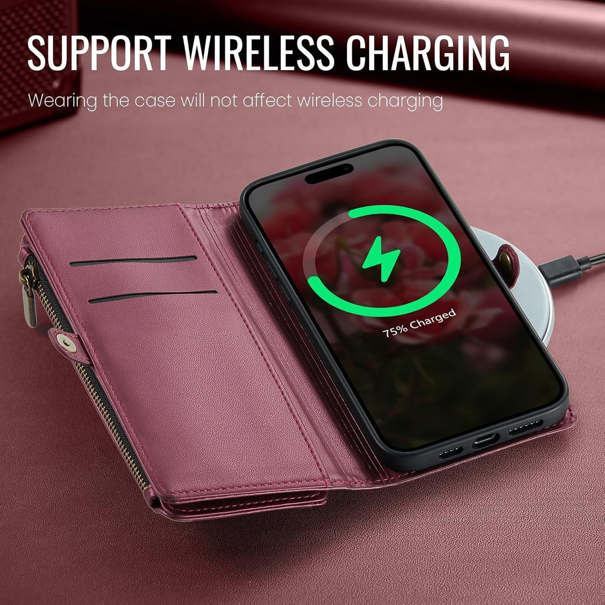 iPhone 14 Wallet Case Folio Wine Red - Image 4