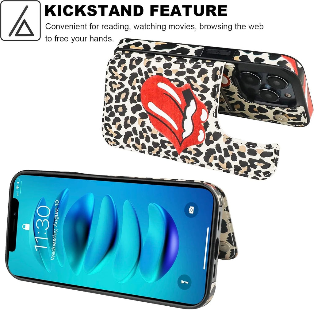 iPhone 14 Pro Max Wallet Case Leopard Tongue Lips Kiss - Image 2
