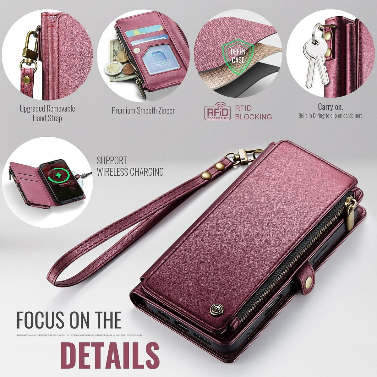 iPhone 14 Wallet Case Folio Wine Red - Image 3