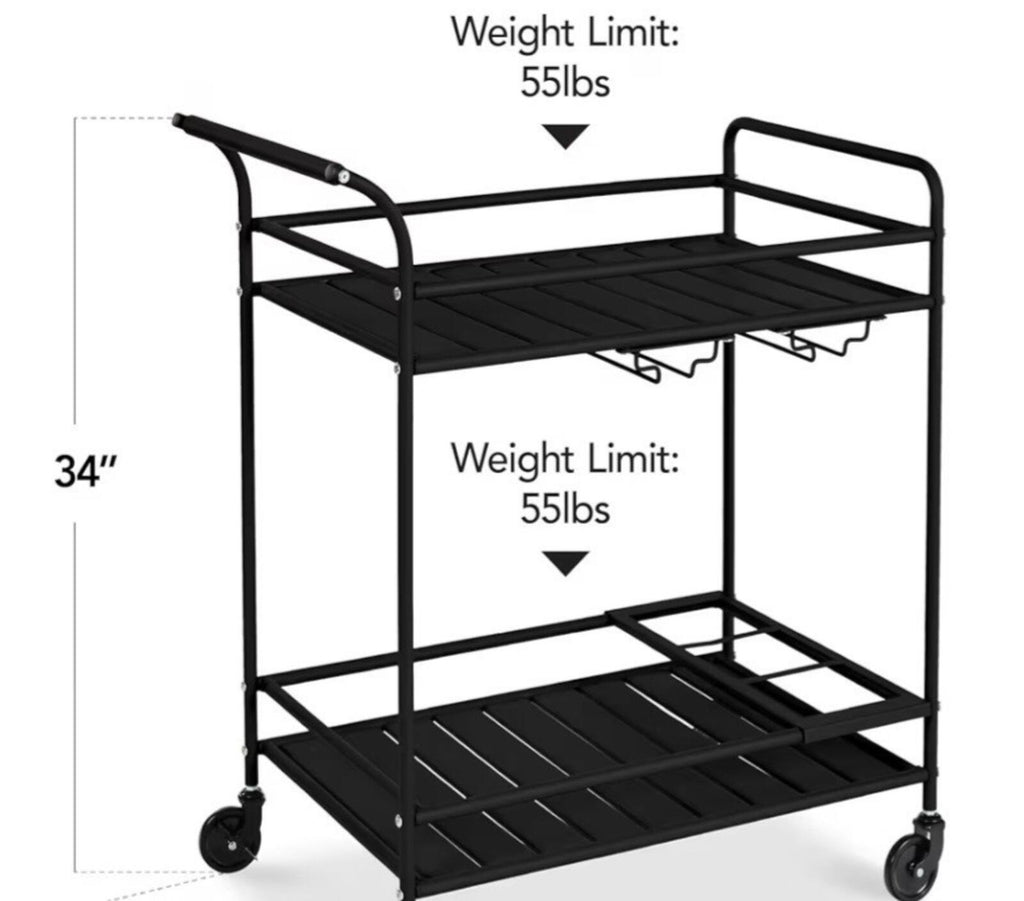 Best Choice Rolling Bar Cart, Serving Station 2-Shelf W/ Wine Rack Black Metal