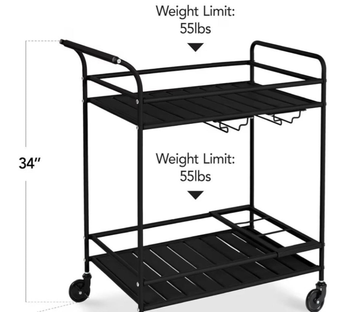 Best Choice Rolling Bar Cart, Serving Station 2-Shelf W/ Wine Rack Black Metal