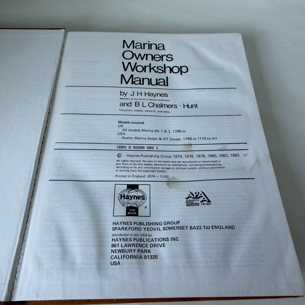 Haynes Morris Marina 1.8 1971 - 1978 1798cc Hardback Owners Workshop Manual  074