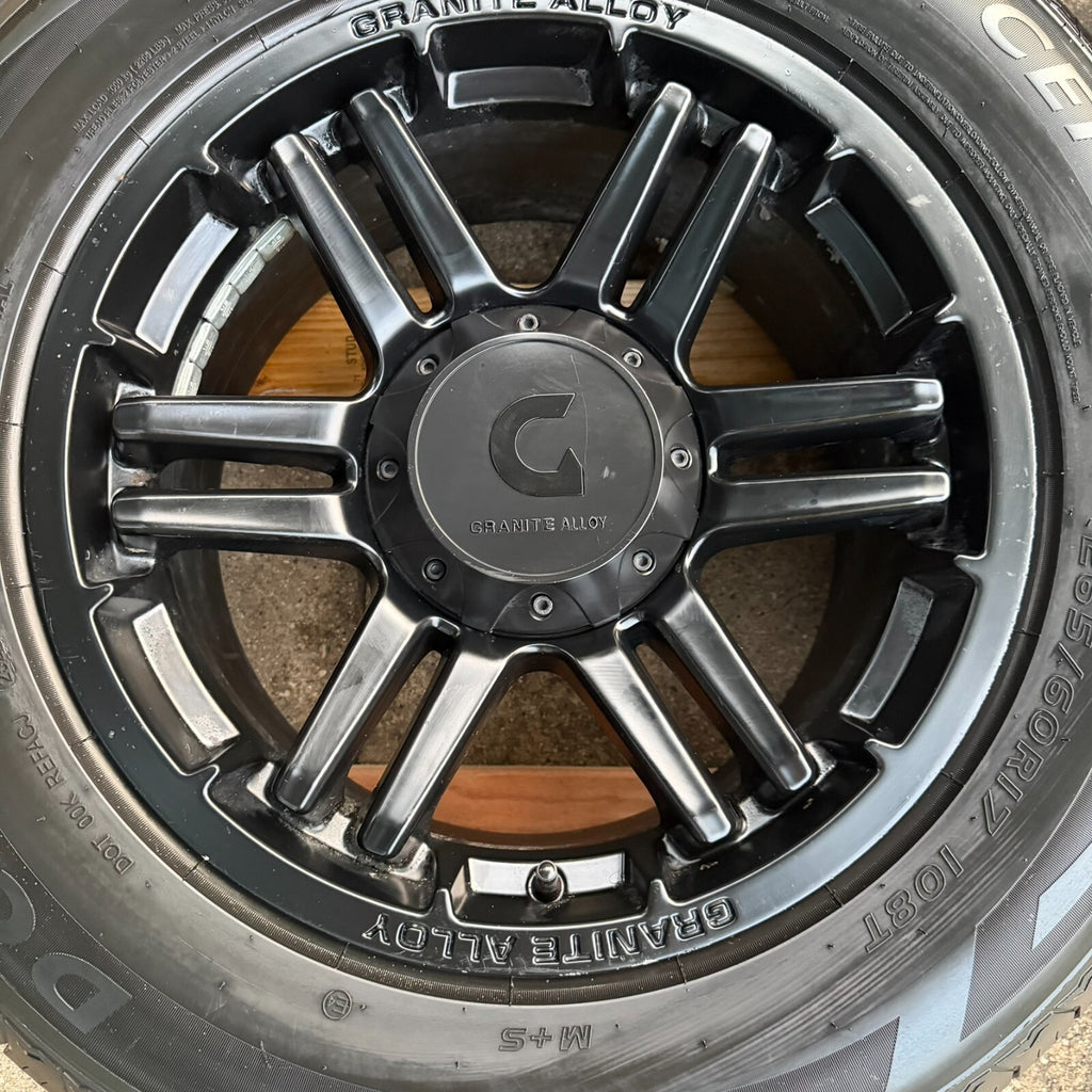 Set of 4 17x8.5 GRANITE ALLOY Matte Black Rims & Tires- Wheels- 5x5 5x4.5
