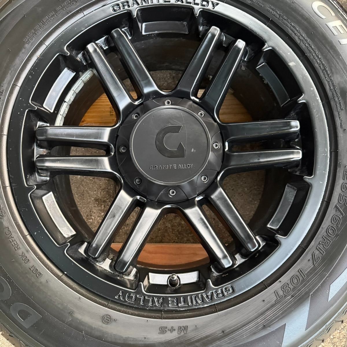 Set of 4 17x8.5 GRANITE ALLOY Matte Black Rims & Tires- Wheels- 5x5 5x4.5