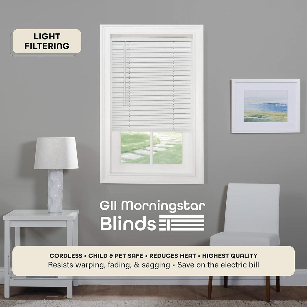 Cordless Mini Blind 43 W x 64 H - 1 Inch Slat - Pearl White G2 Morningstar Vinyl