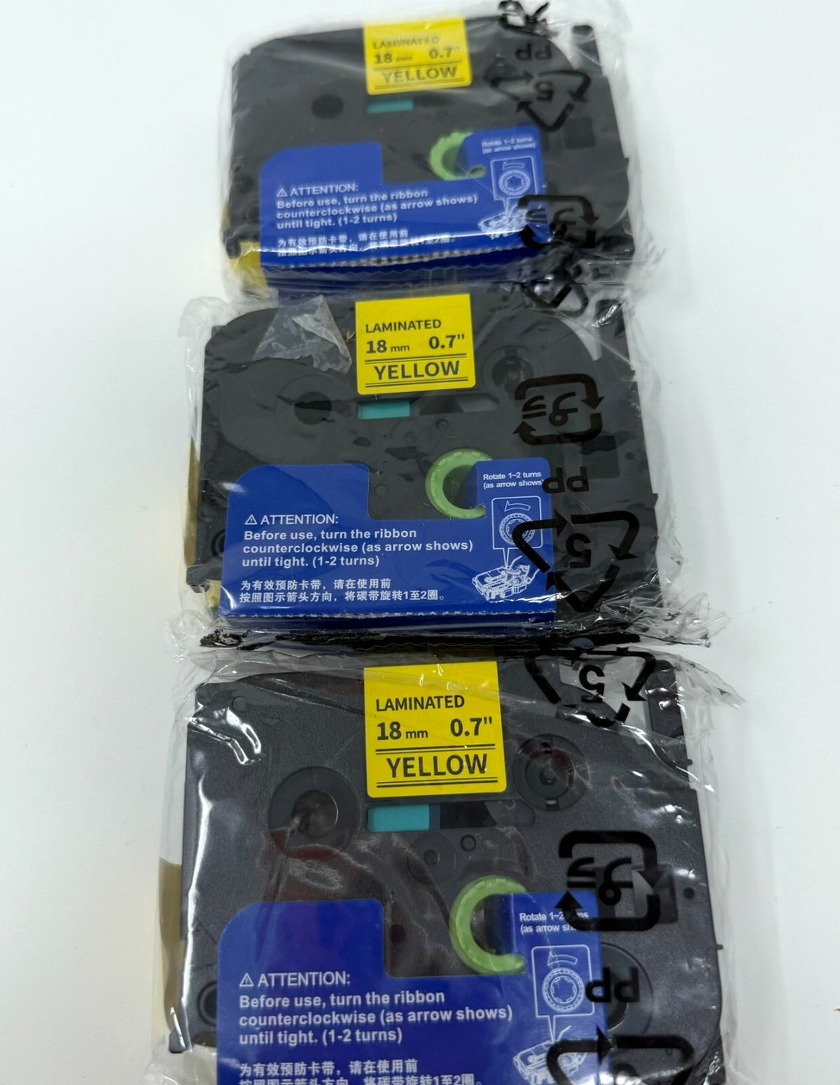 3 Pack 18mm x 8mm  0.7" Black Ink Yellow Laminated Label Tapes For Brother TZE