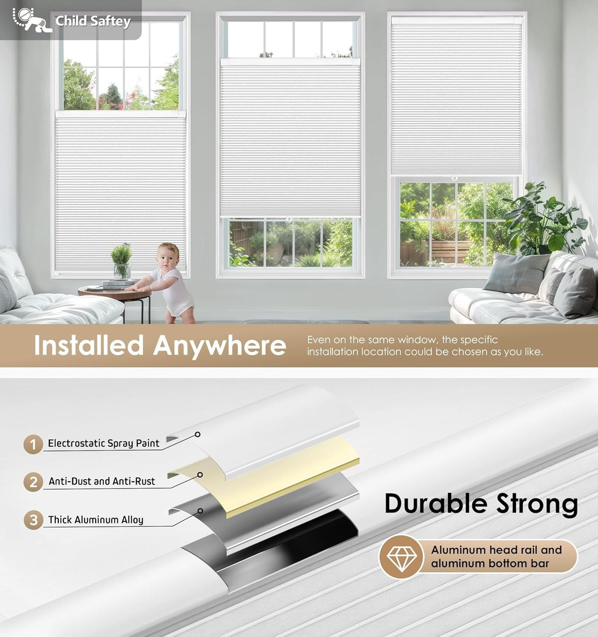LazBlinds No Tools No Drill Cordless Cellular Shades 31" W x 36" H, White New