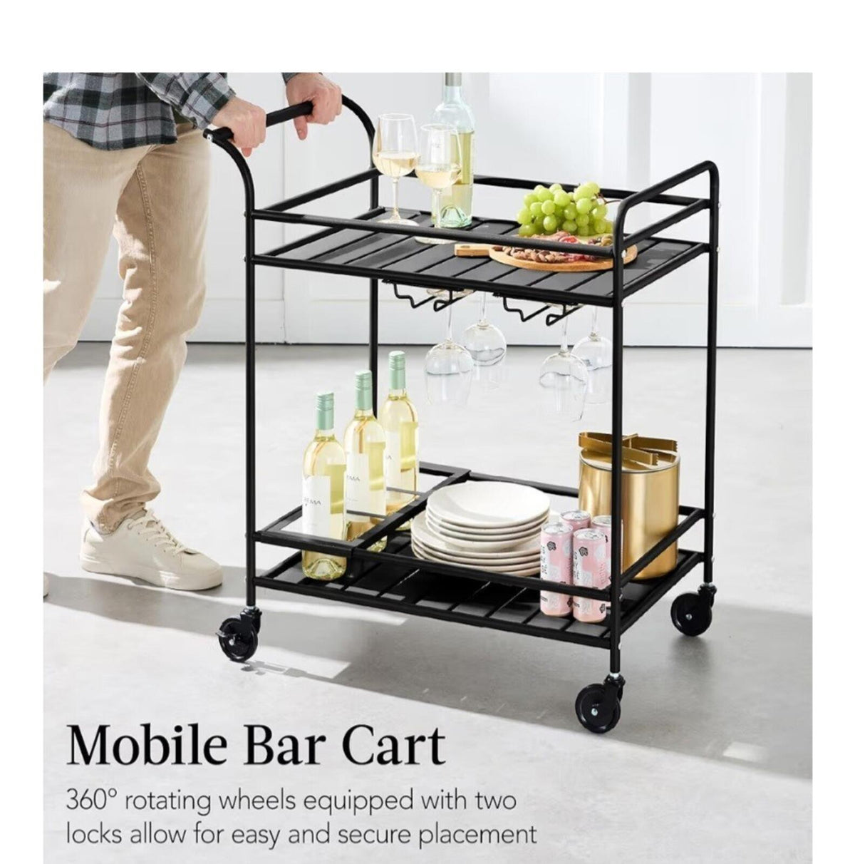 Best Choice Rolling Bar Cart, Serving Station 2-Shelf W/ Wine Rack Black Metal