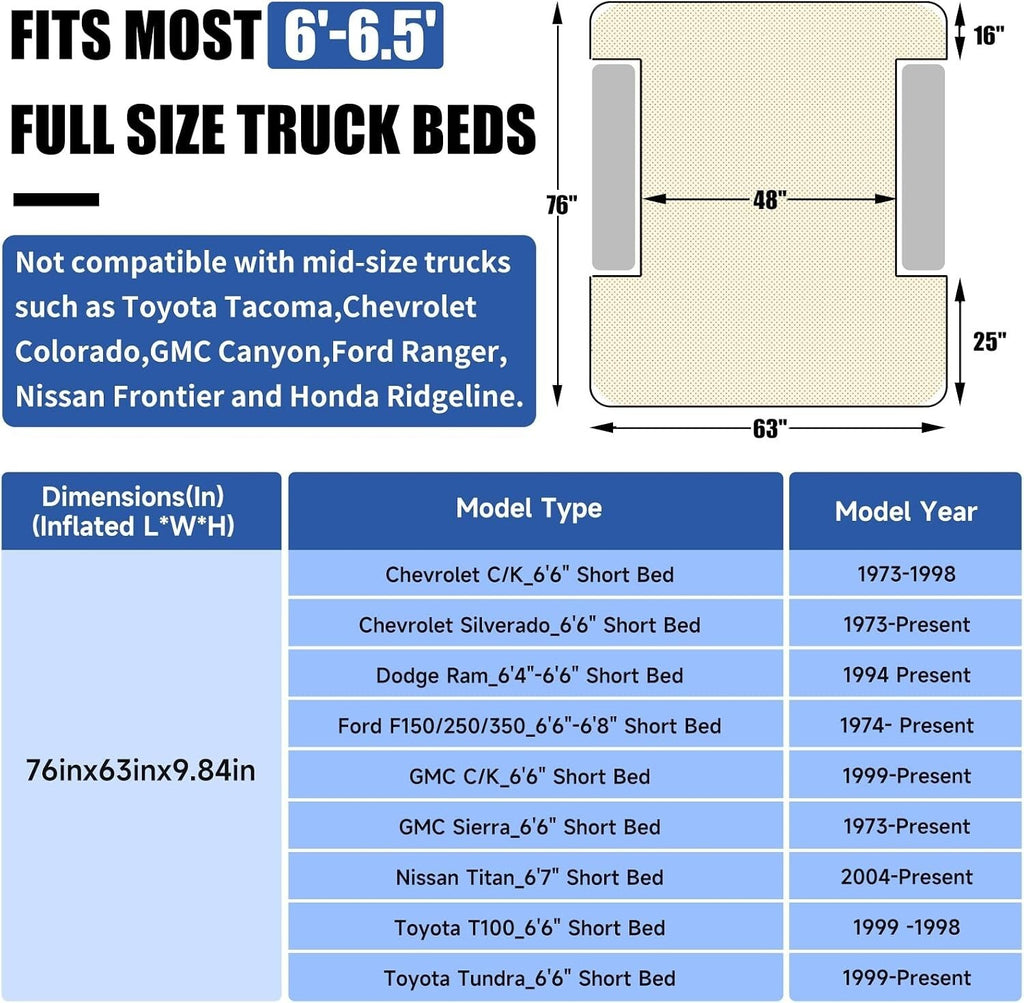 Truck Bed Air Mattress 6-6.5ft Full Size Inflatable Pickup Airbed W/ Pump Tent