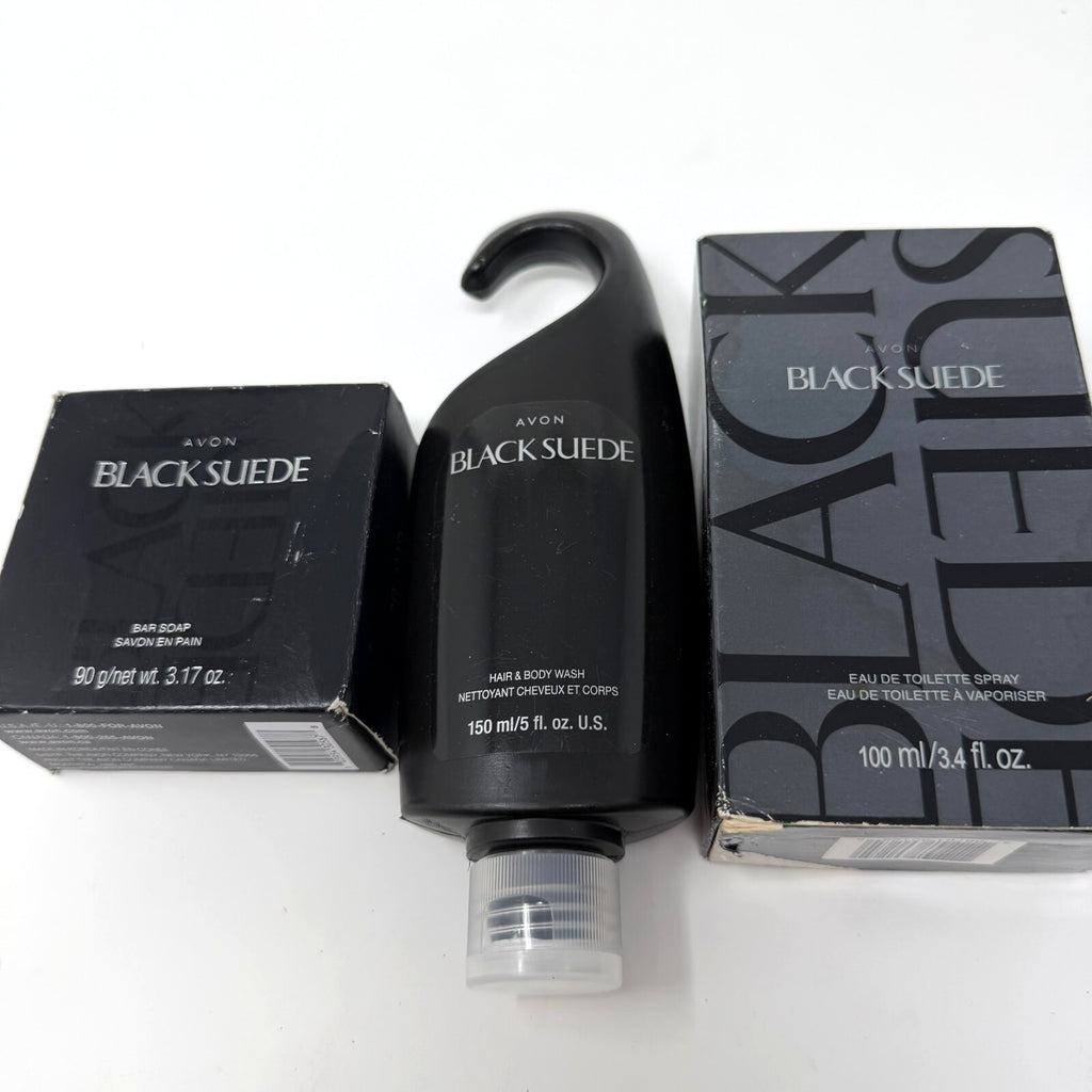 Avon Black Suede Set w/ Eau De Toilette Spray 3.4, Oz Bar Soap & Hair&Body Wash