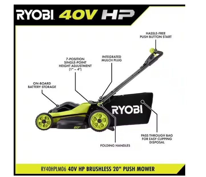 RYOBI 40V HP Brushless 20" Lawn Mower Kit w/ 6.0AH Battery & Charger RY40HPLM06K