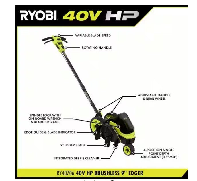 RYOBI 40V HP Brushless 9 in. Cordless Edger (Tool Only) RY40706BTL 3 Wheeled