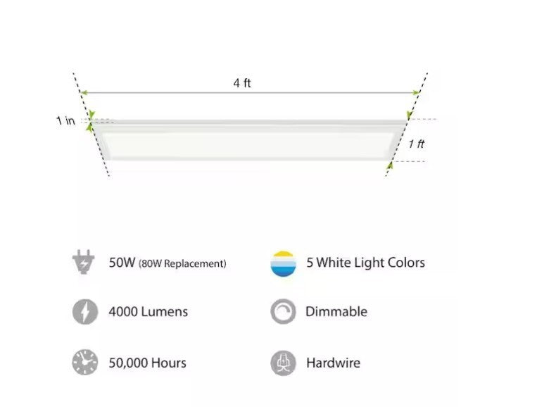 Commercial Electric 1x4ft LED Flat Panel 5CCT Flush Mount Light FP1X4/6WY/WH/HDT