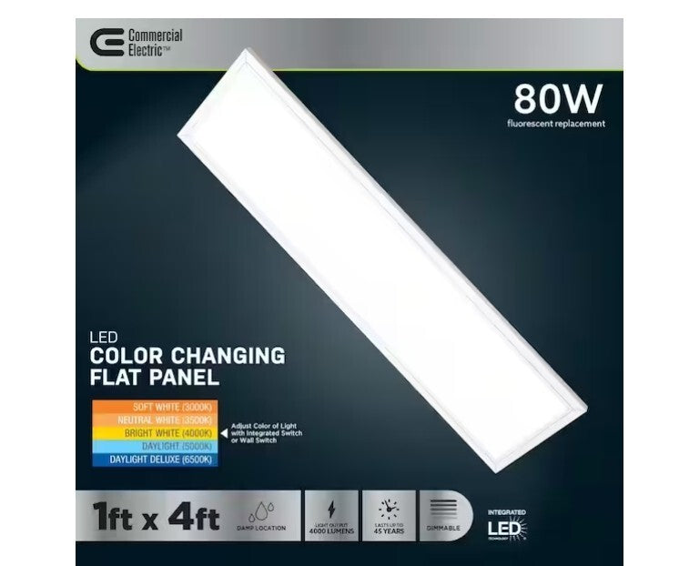 Commercial Electric 1x4ft LED Flat Panel 5CCT Flush Mount Light FP1X4/6WY/WH/HDT