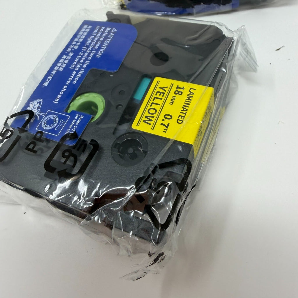 3 Pack 18mm x 8mm  0.7" Black Ink Yellow Laminated Label Tapes For Brother TZE
