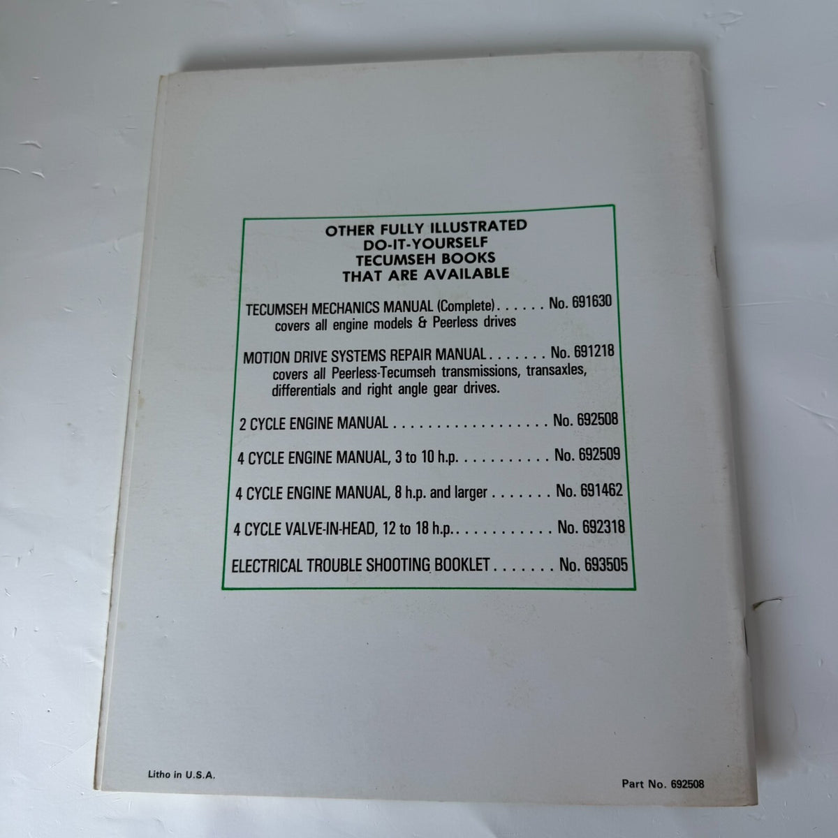 Tecumseh Engines Mechanic's Handbook Two Cycle Vintage Manual Nice Shape