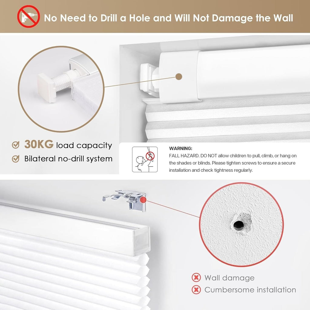 LazBlinds No Tools No Drill Cordless Cellular Shades 31" W x 36" H, White New