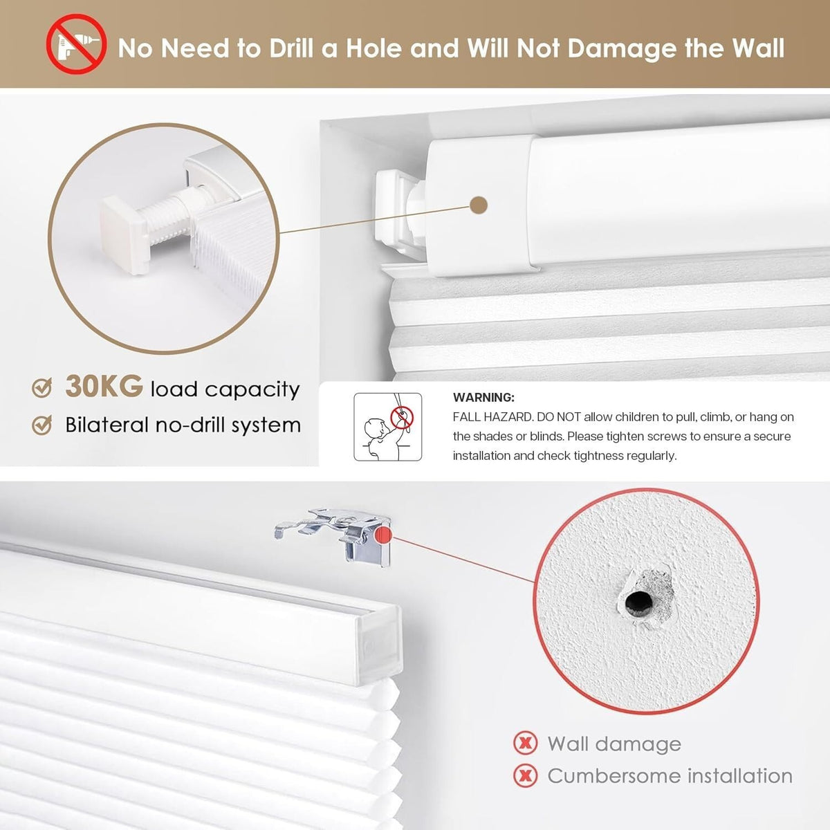 LazBlinds No Tools No Drill Cordless Cellular Shades 31" W x 36" H, White New